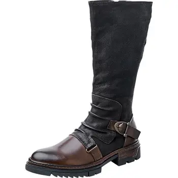 Мъжки кожени мотоциклетни ботуши в средновековен стил и в стил ретро, ботуши до коляното на средна възраст, обувки за cosplay във викториански стил от Епохата на Възраждането, военни каубойски ботуши