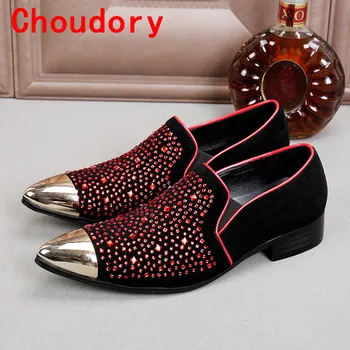 Choudory/мъжки италиански кожени обувки от естествена кожа, червени сватбени обувки с остри пръсти, луксозни обувки с кристали, мъжки летни модел обувки за бала