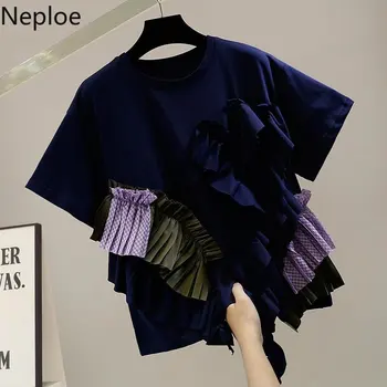 Тенденцията тениски Neploe с кръгло деколте и рюшами, нерегулярная цветна контрастная поставяне, ежедневни тениски с къс ръкав, модерен универсален топ