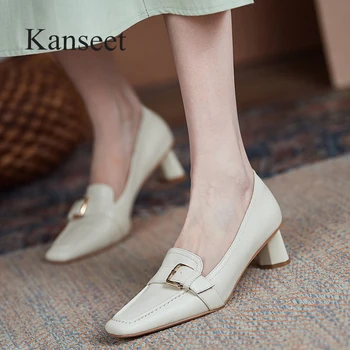 Kanseet/дамски обувки-лодка; Новост на Есента; Вечерна рокля от естествена кожа с катарама на колана; Дамски обувки без закопчалка на среден ток с квадратни пръсти; Бежов Размер на 40