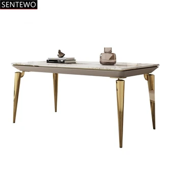 Луксозен кухненски маса за хранене е от каменни плочи и 4 стола със златен струпясване от неръждаема стомана и комплект столове от изкуствен мрамор yemek masaları