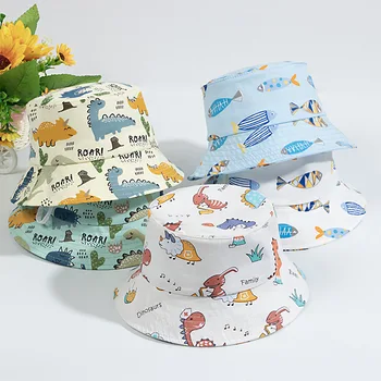 Детски шапки-ведерки с модел на динозавър от картун за момчета и момичета, хубава детска рибарска шапка с животни, лятна панама за деца, солнцезащитная шапка, качулка Gorra